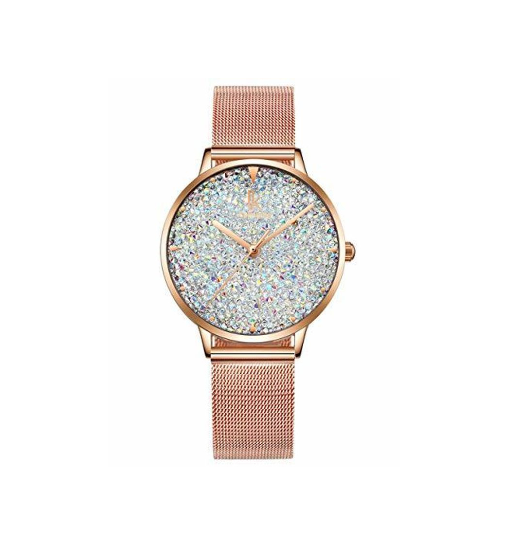 Products Alienwork Reloj Mujer Relojes Acero Inoxidable Oro Rosa Analógicos Cuarzo Blanco Impermeable