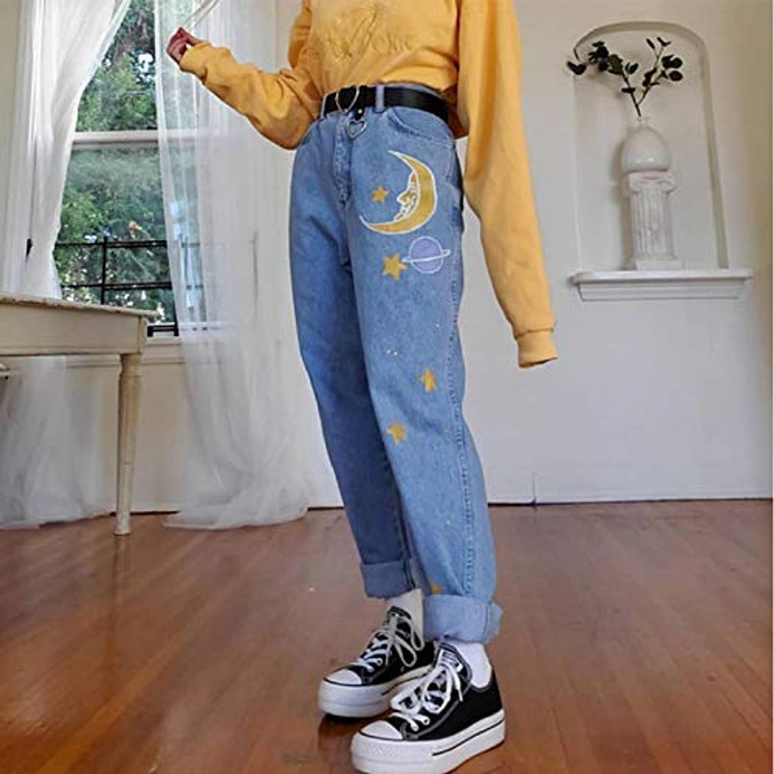 Moda Jeans Loose Women Jeans Indie Aesthetic Jeans Pantalones De Mezclilla Ropa De Mujer Baggy Mom Jeans Casual Moon Print Jean XL Blue