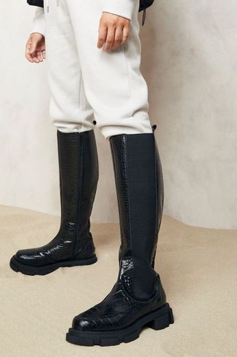 Wide Fit Chunky Knee High Croc Chelsea Boots