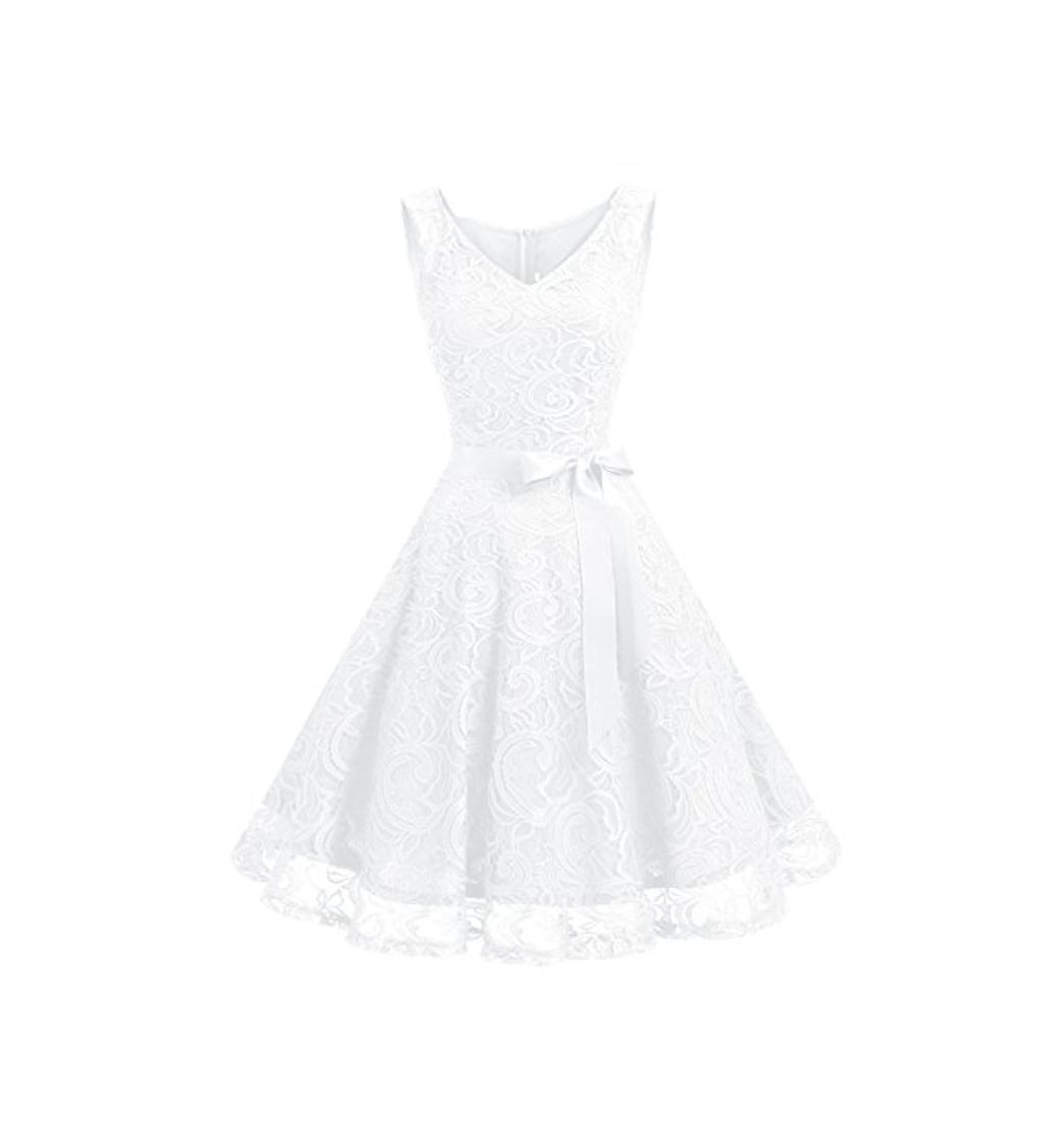 Fashion Dressystar Vestido Corto Elegante Mujer De Encaje Sin Mangas con Lazo para Madrina Fietsa Blanco M