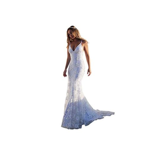 Women's Spaghetti Straps Empire Backless Mermaid Lace Wedding Evening Dress Bridal Gowns