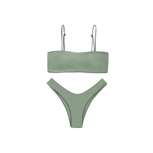Zaful - Bikini de tirante fino y corte alto para mujer Verde