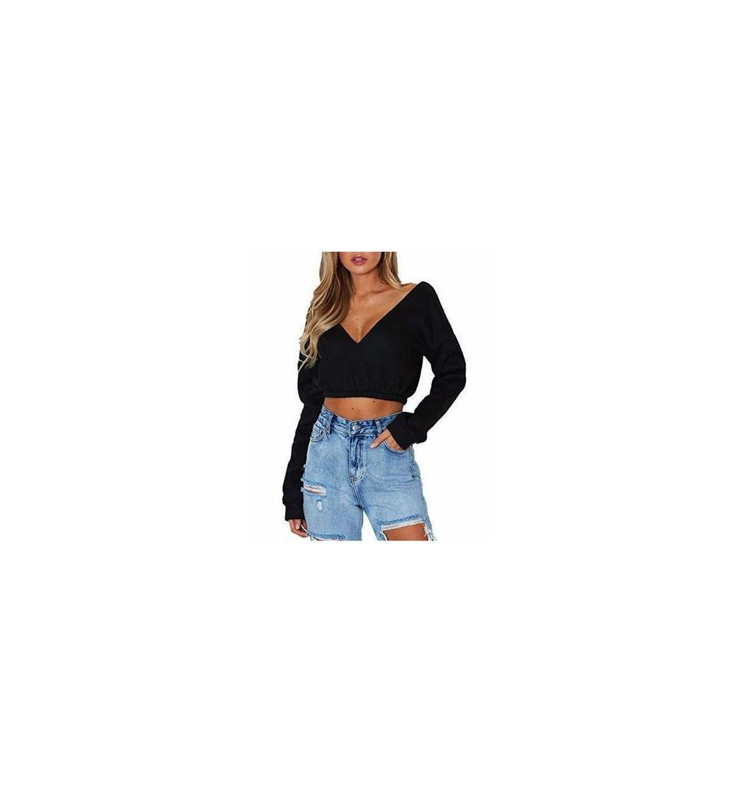 Product OUFour Primavera y Otoño Mujeres Crop Top Cuello V Manga Larga Remata