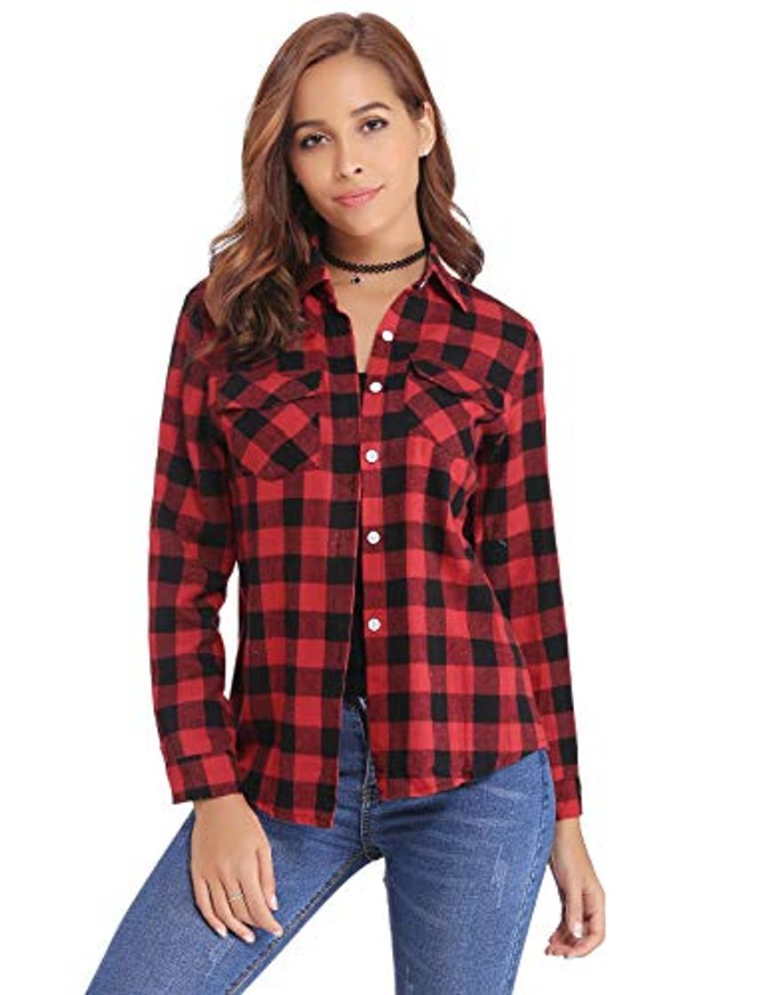 Social Aibrou Mujer Camisa de Franela a Cuadros, Manga Larga Casual con Botones