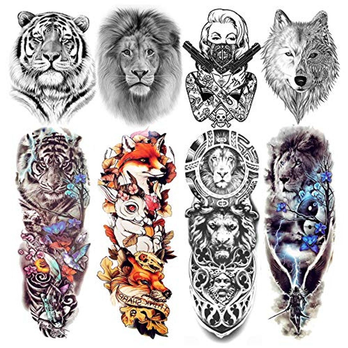 Product LAROI 8 Hojas 3D Realista Full Brazo Tatuajes Temporales Adultos Hombre Mujer Completo Adhesivos Maori Falso Grande Tatuaje Temporal Tribales León Zorro Lobo Tigre Animales Mangas Negro Niños Pegatina