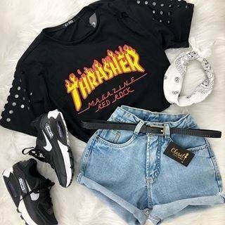 Look - Crooped Thrasher, shortinho jeans, tênis airmex 🔥