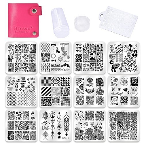 Social Biutee Set de Stamping Nail Art 12 Pcs Plantillas para Uñas +1pcs
