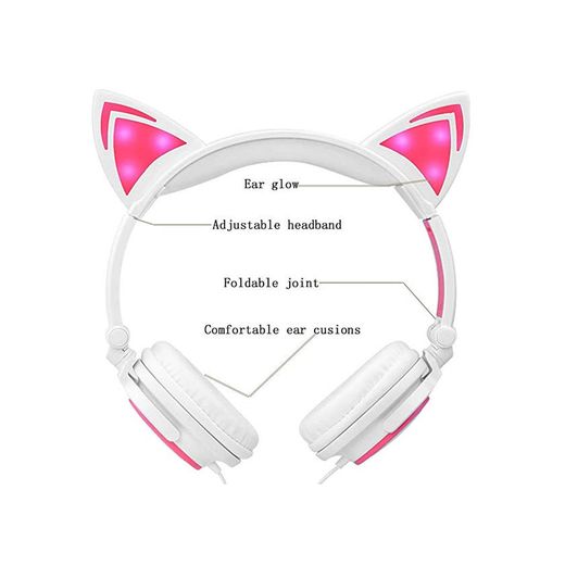 Auriculares con cable de diadema de orejas de gato plegables con luz
