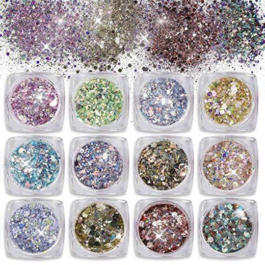 Purpurinas Polvo 12 Colores Chunky Glitter Paillette Brillante Decoración para Cara Maquillaje