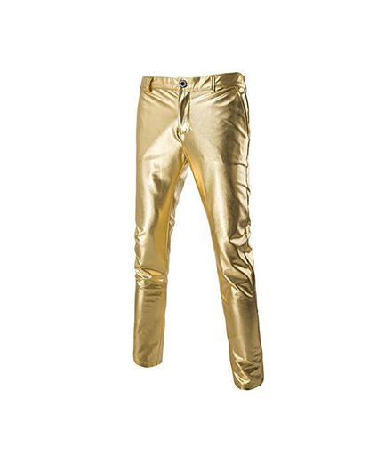 Sliktaa Pantalones Casuales para Hombre Cuero Metálico Brillante Oro Plata Golf