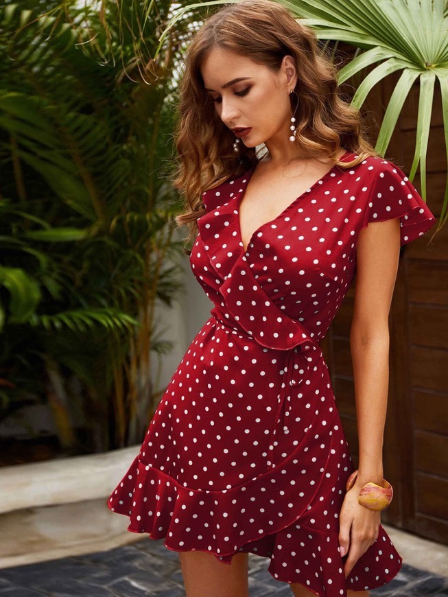 Producto Polka Dot Ruffle Trim Self Tie Wrap Dress 