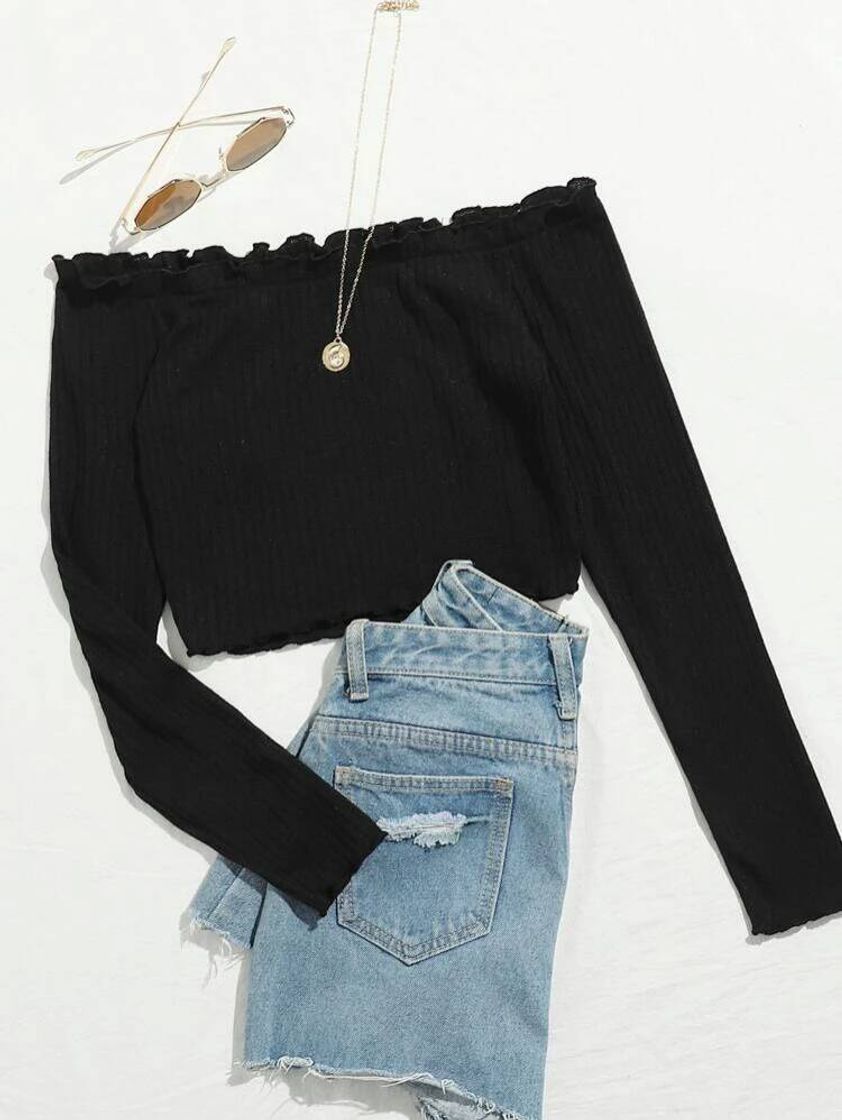 Fashion Off Shoulder Lettuce Trim Rib-knit Crop Top