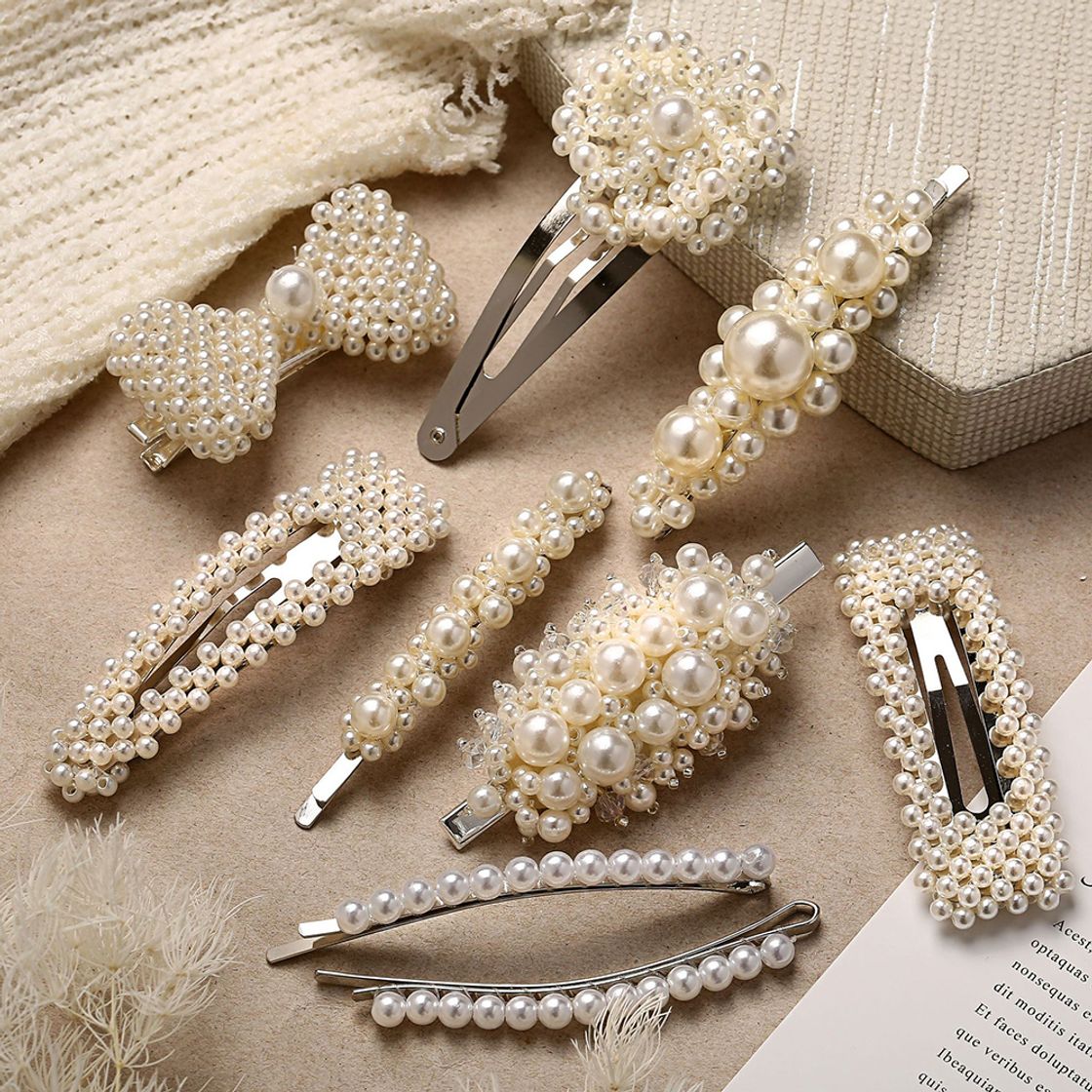 Producto 2019 Fashion Women Full Pearl Hair Clips Snap Barrette Stick