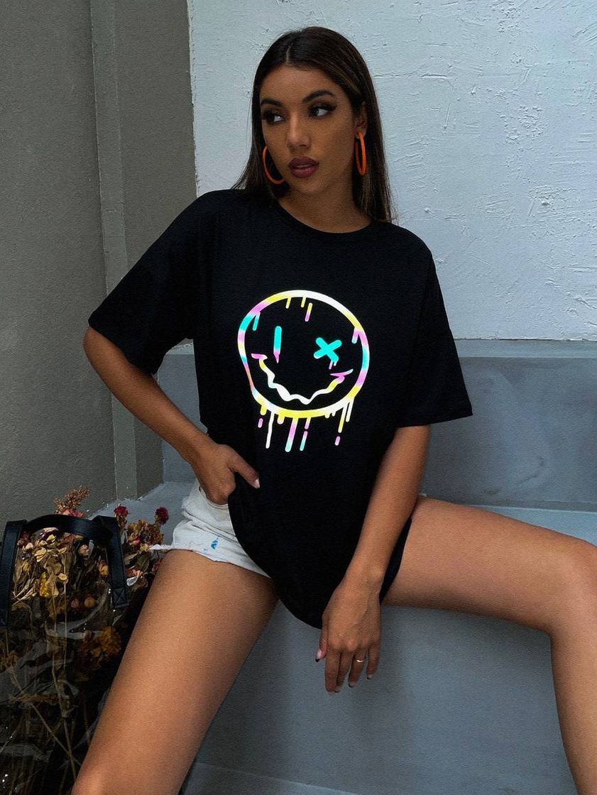 Fashion Reflective Cartoon Graphic Drop Shoulder Tee