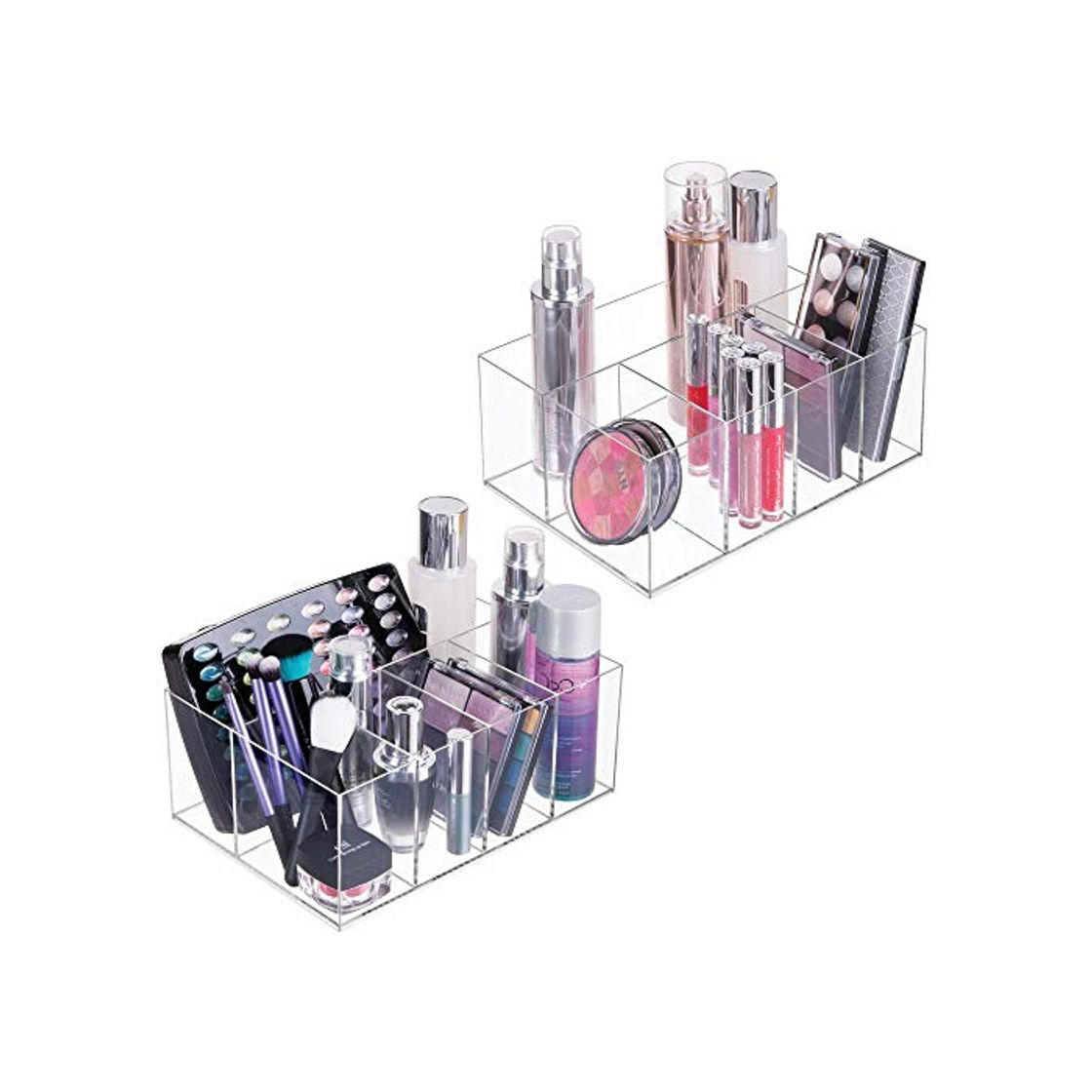 Product mDesign Juego de 2 cajas transparentes para cosméticos – Organizador de maquillaje con 5 compartimentos – Prácticas cajas de plástico para productos de belleza – transparente