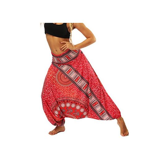 Nuofengkudu Mujer Pantalones Sueltos Hippi Tailandeses Estampado Verano Cintura Alta Elastica Entrepierna Baja para Yoga Casual Rojo Flor