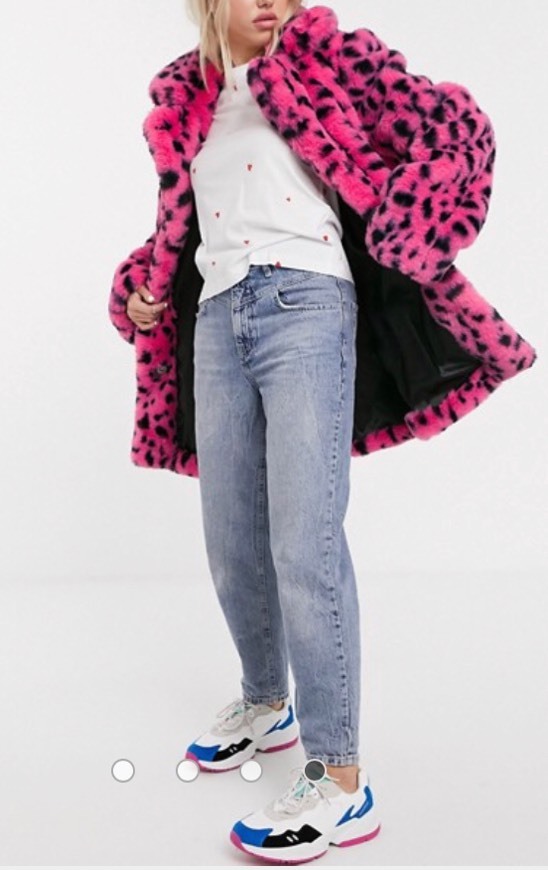 Producto Lazy Oaf high neck faux fur coat in spot with bow fastening