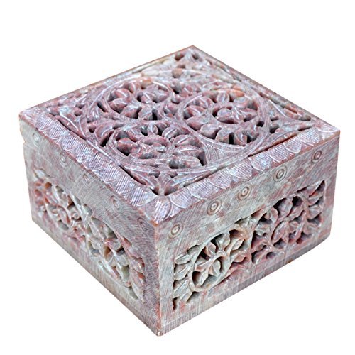 Lugar Caja decorativa de almacenamiento de esteatita natural con diseño de flores talladas.