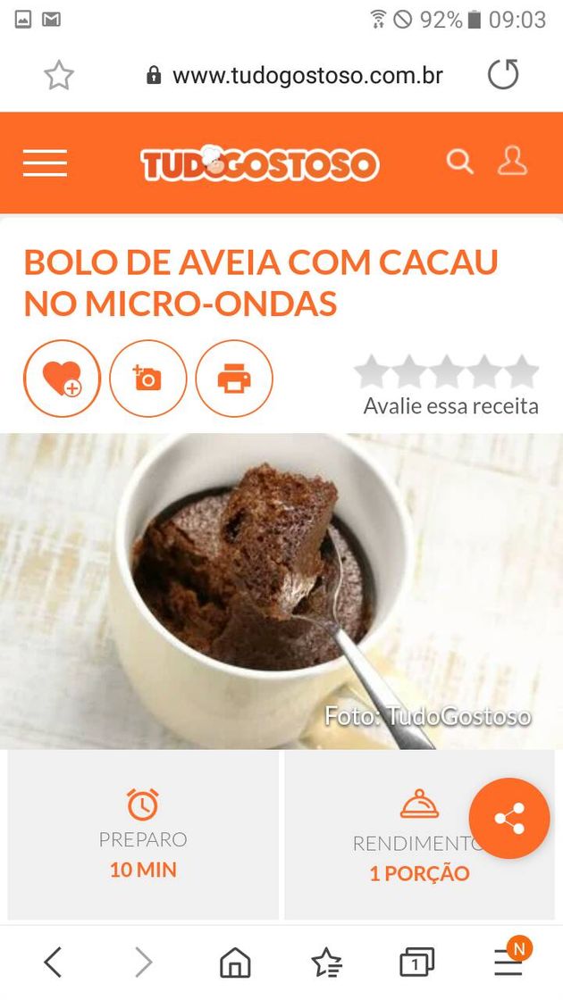 Fashion Bolo de aveia com cacau no micro ondas