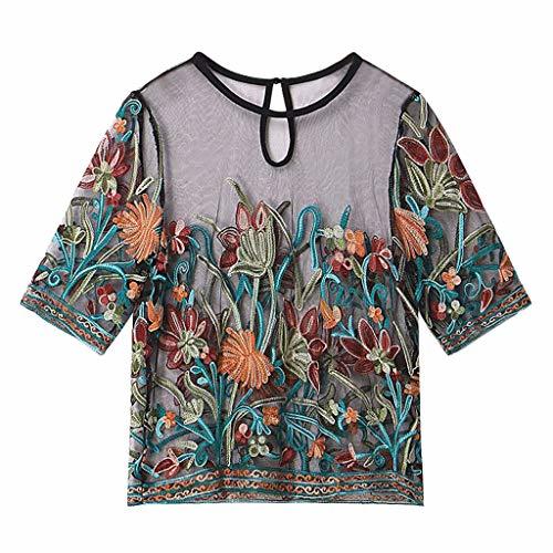 Social Luckycat Mujeres Hueco Bordado Transparente Cuello Redondo Manga Corta Camiseta Top Blusa