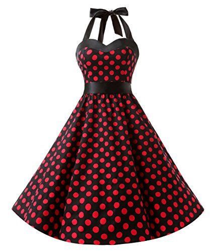 DRESSTELLS Halter 50s Rockabilly Polka Dots Dots Dress Petticoat Pleated Skirt Black