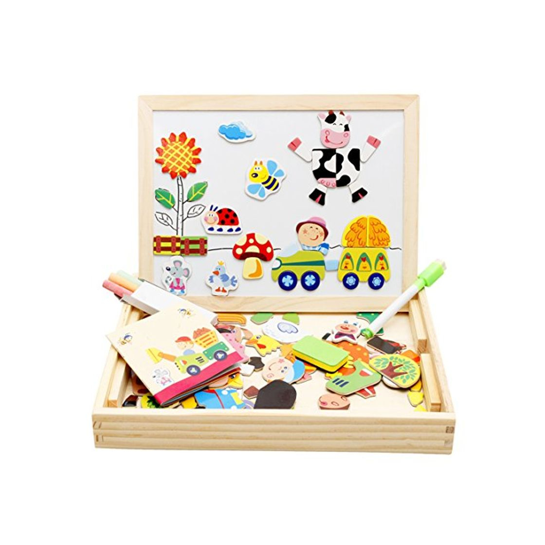 Social Lewo magnética Juguete magnético de Madera Dibujo Caballete de Juguete para el Aprendizaje Caballete Escritura Animales magnético Formas y Caja de Madera