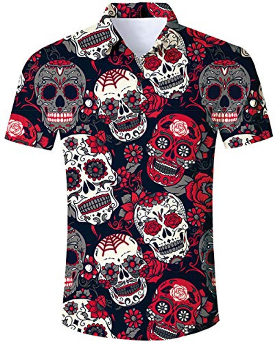 Moda Goodstoworld Camisa de Halloween Hombre Cráneo Camisa Casual Manga Corta Ajustado para Hombre Mens Hawaiian Shirt t Shirt Top