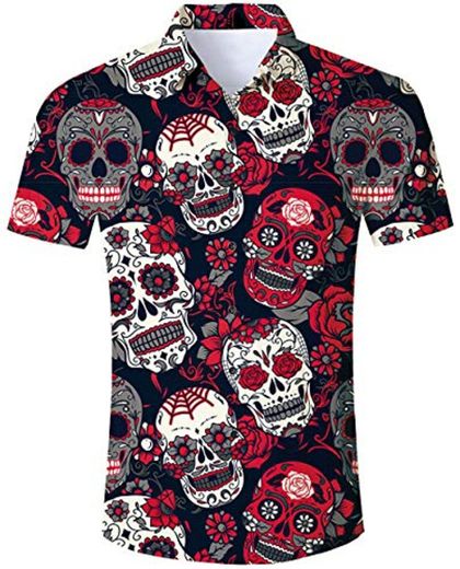 Goodstoworld Camisa de Halloween Hombre Cráneo Camisa Casual Manga Corta Ajustado para Hombre Mens Hawaiian Shirt t Shirt Top