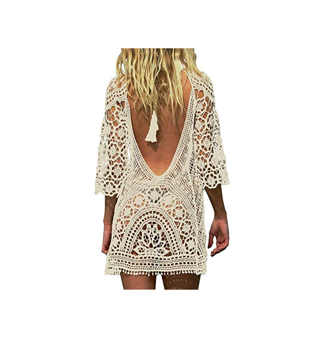 Product heekpek Vestido Playa Mujer Pareos Traje de Baño Bikini Camisola Playero Mangas Largas Cuello en V Hueco Borlas Pareos Ganchillo Boho Encaje