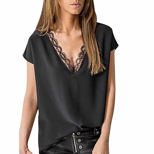 Moda Tops de Mujer Encaje Cuello en V Corto Mangas Negro Sueltos Crop