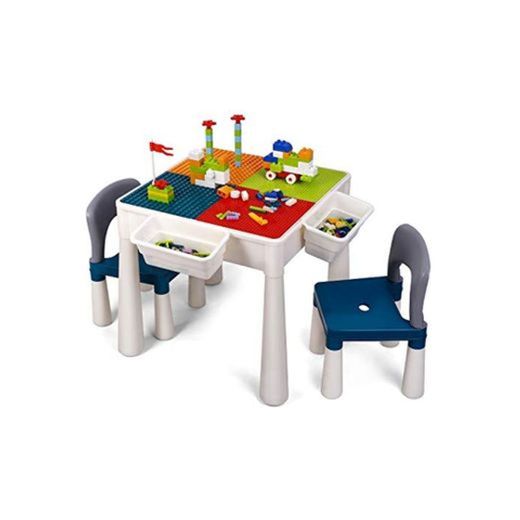 amzdeal Juego de Mesa y 2 Sillas Infantiles Mesa de Bloques para Niños Mesa de Actividades Multiusos con Bloques de partículas Grandes y Pequeños Mesa de Estudio Mesa de Comedor Mesa de Juego