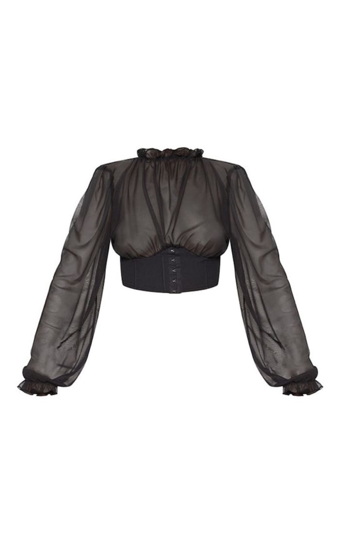 Social Black Mesh Hook And Eye Underbust Blouse | PrettyLittleThing