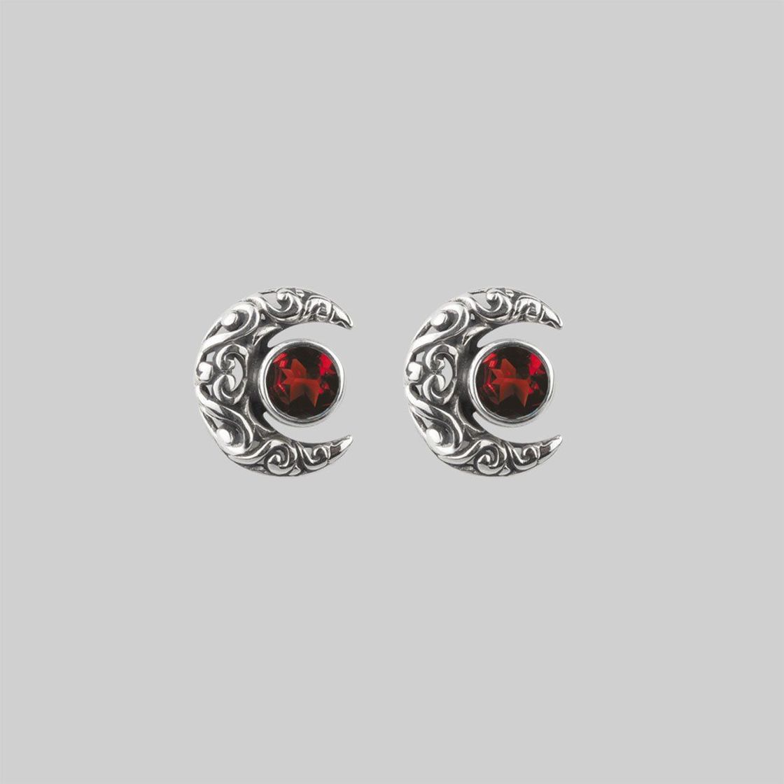 WISDOM. Silver Moon Crescent Earrings - Garnet — REGALROSE