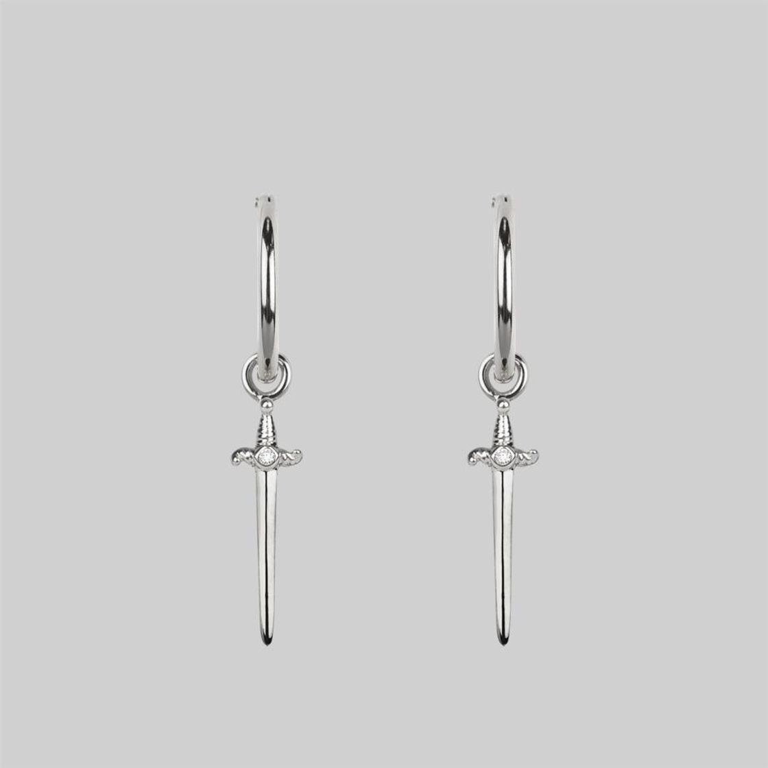 BETRAYAL. Cubic Zirconia Dagger Hoop Earrings - Silver ...