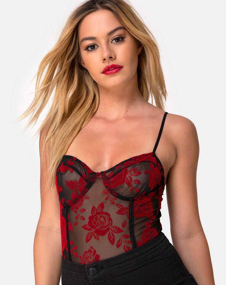 Social Romantic Red Rose Flock Bodice | Yecal – motelrocks