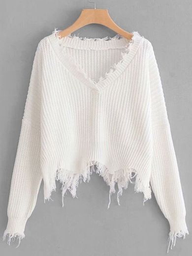 Frayed Trim Drop Shoulder Sweater | SHEIN EUR