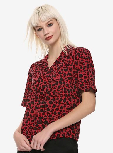 Red Cheetah Print Girls Button-Up