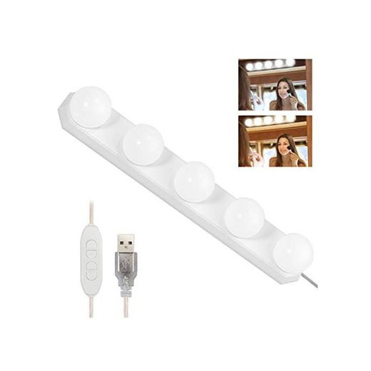 Justech Luces para Espejo de Maquillaje LED Tocador con 3 Modos de Color de Estilo Hollywood con 5 Bombillas Regulares con USB Cable para DIY Maquillaje Espejos Vestidor Baño Luz