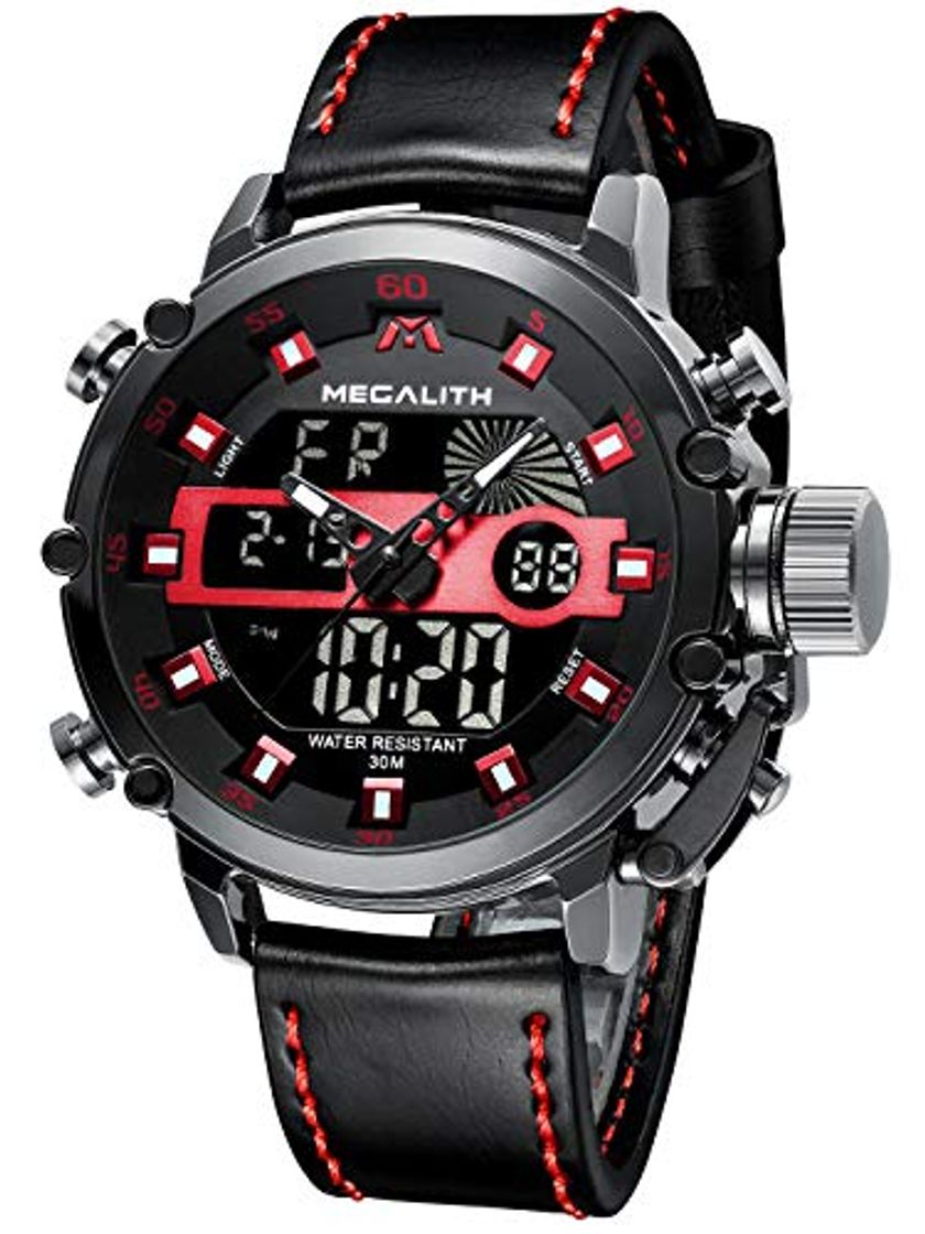 Moda Relojes Hombre Reloj Militar Deportivos Digital Impermeable LED Cronometro Calendario Fecha Electrónico Reloj Grandes de Pulsera de Analógico Cuarzo Casual con Correa de Cuero Genuino Marrón