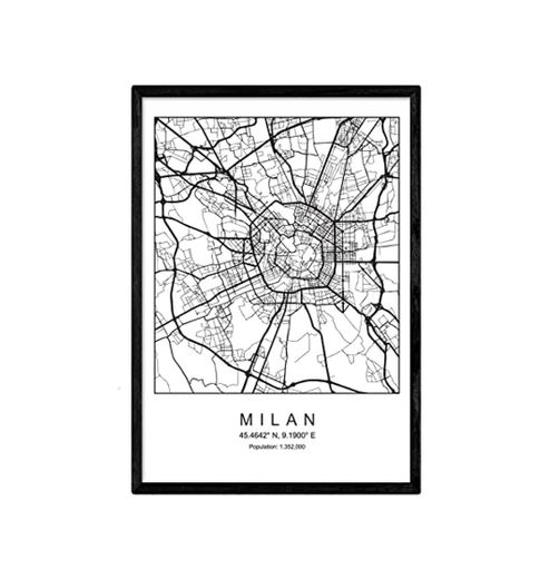 Nacnic Lámina Mapa de la Ciudad Milan Estilo nordico en Blanco y
