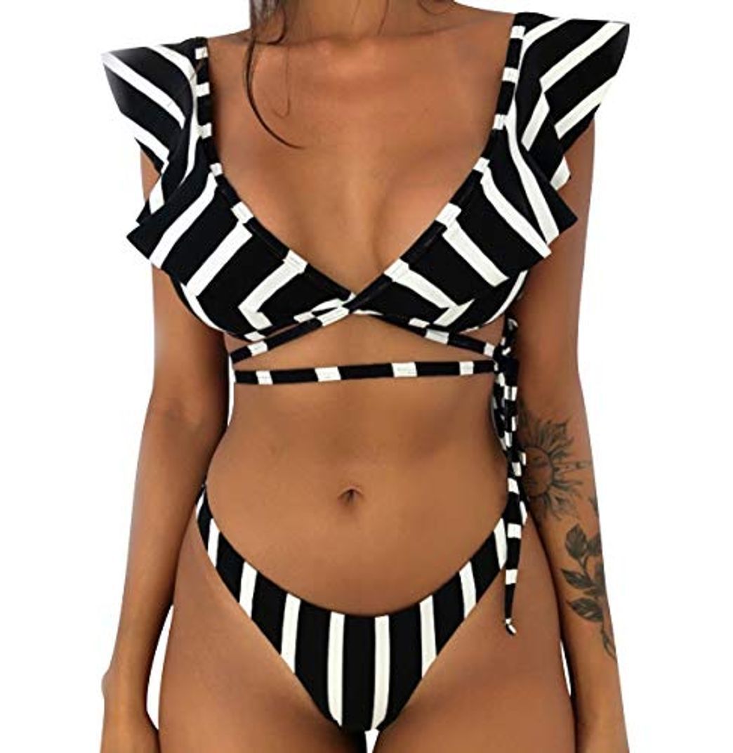 Moda Bikini de Volantes Triangulo Push Up Mujer Trajes de Baño Flores de Dos Piezas Biquini Brasileño Rayas Vikini Bikinis Brasileña Señora Bañador Piscina Playa Mujeres Bañadores Natacion Blanco Negro M