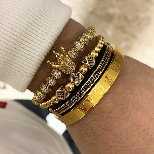 Social WL Pulsera 4 Unids/Set Pulsera De Oro Trenzado Hombres Pavimentan Circón Corona