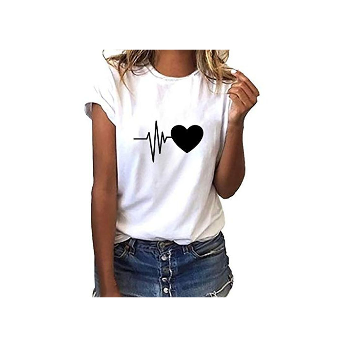 Social Camiseta de Mujer Manga Corta Corazón Impresión Blusa Camisa Cuello Redondo Basica