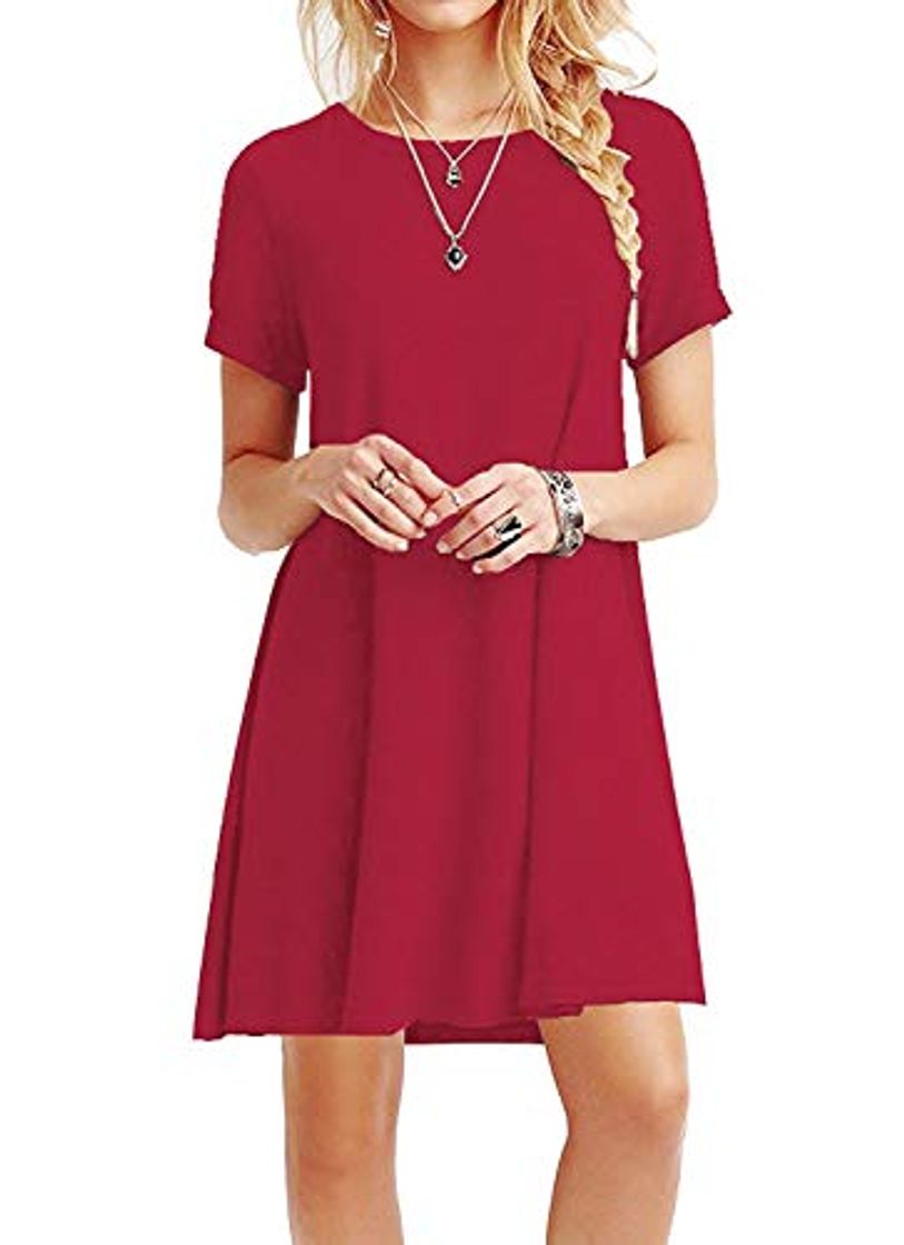 Social YOUCHAN Vestidos Mujer de Camiseta Suelto Casual Cuello Redondo Ocasional Sólida Mini Vestido_Rojo_L
