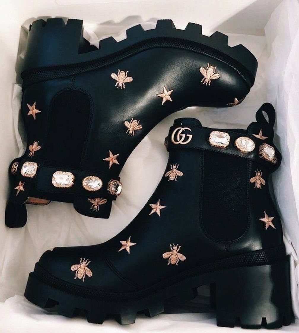 Fashion Gucci Ankle Boot de Couro Bordado 