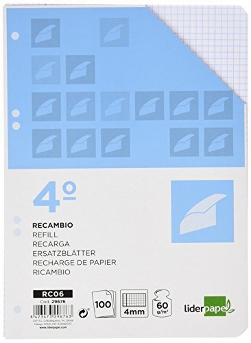 Social RECAMBIO LIDERPAPEL CUARTO 100 HOJAS 60G/M2 CUADRO 4MM CON MARGEN 6 TALADROS