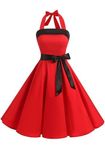 Social Timormode 10212 Vestido De Vintage 50s Cuello Halter Elegante Mujer Rojo S