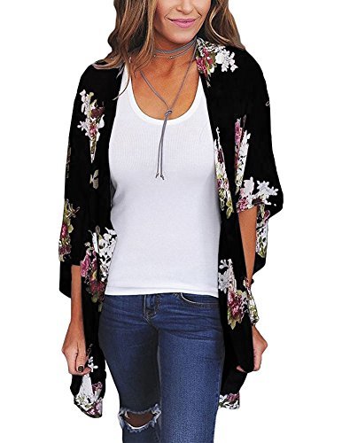 Zexxxy Mujer 3/4 Manga Floral Chiffon Casual Loose Kimono Cardigan Capes Negro