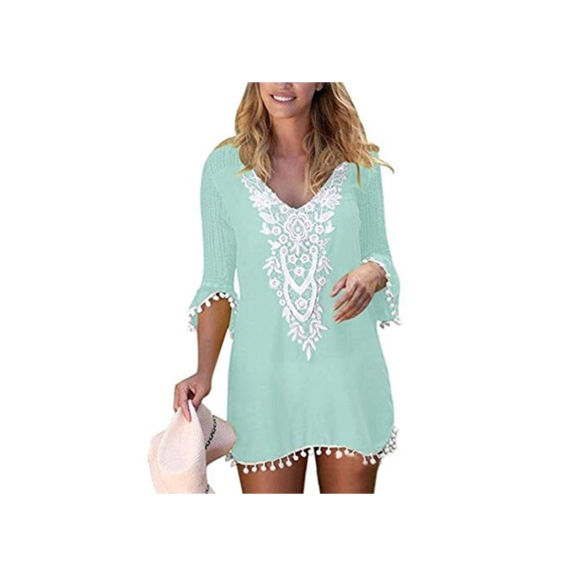 Social Momangel Moda Sexy Europa Y AméRica Damas Casuales con Cuello En V De Encaje Bola De Pelo Playa Protector Solar Blusa Falda Light Blue XL