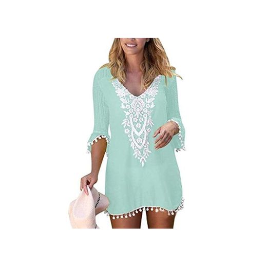 Momangel Moda Sexy Europa Y AméRica Damas Casuales con Cuello En V De Encaje Bola De Pelo Playa Protector Solar Blusa Falda Light Blue XL